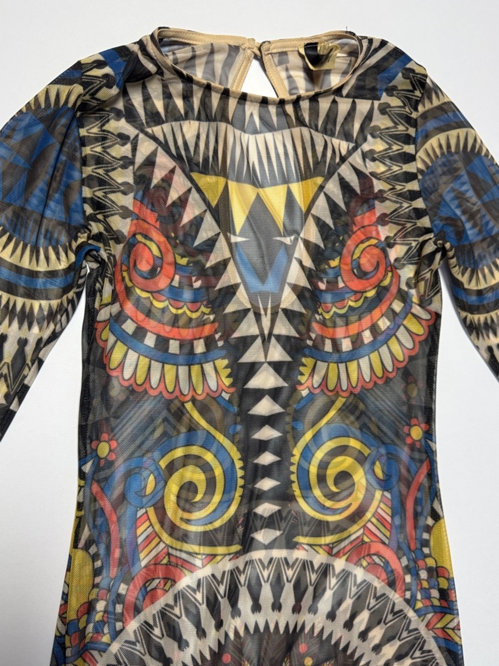 VINTAGE 90's Kaleidoscope Tribal Print Mesh Sheer Stretch Jumpsuit Cat Suit M - Picture 2 of 16
